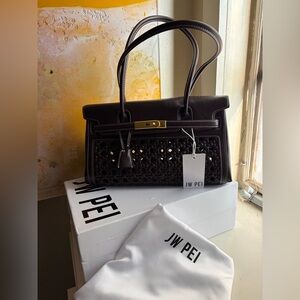 JW PEI Yara Dark Brown Woven Top-Handle Satchel with Gold Hardware